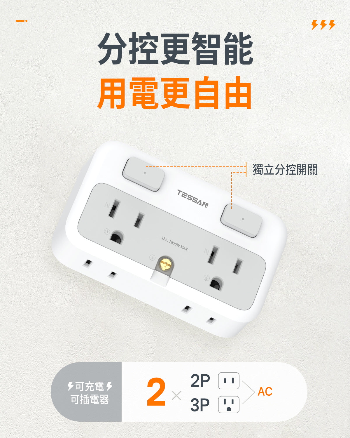 TESSAN 2開4插轉接器|獨立開關|臺灣安全認證