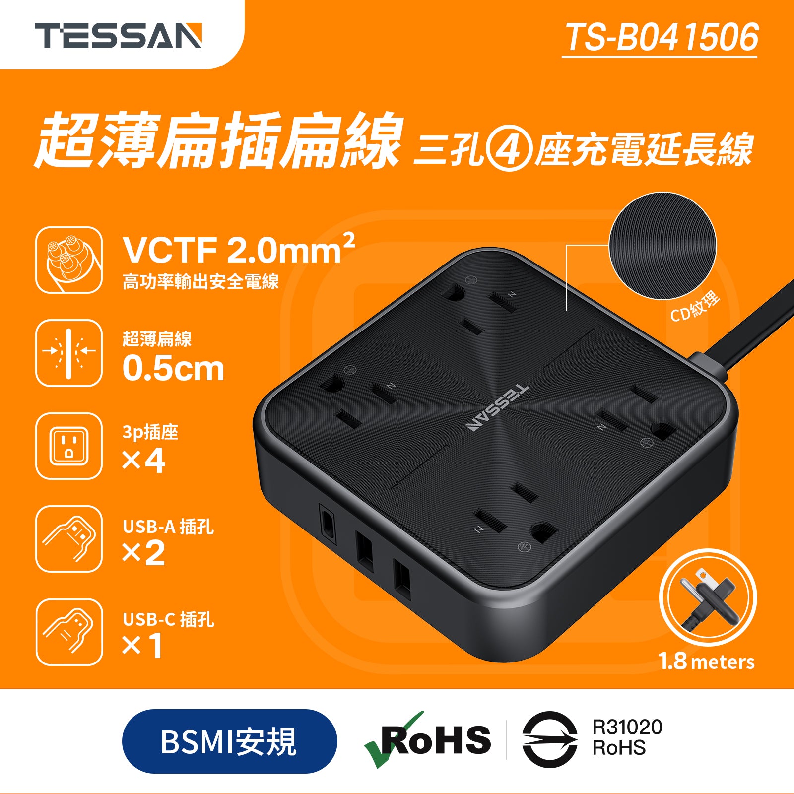 臺灣首發plug7扁線 | 3P 1開4插丨3USB(1Type-C)丨1.8m