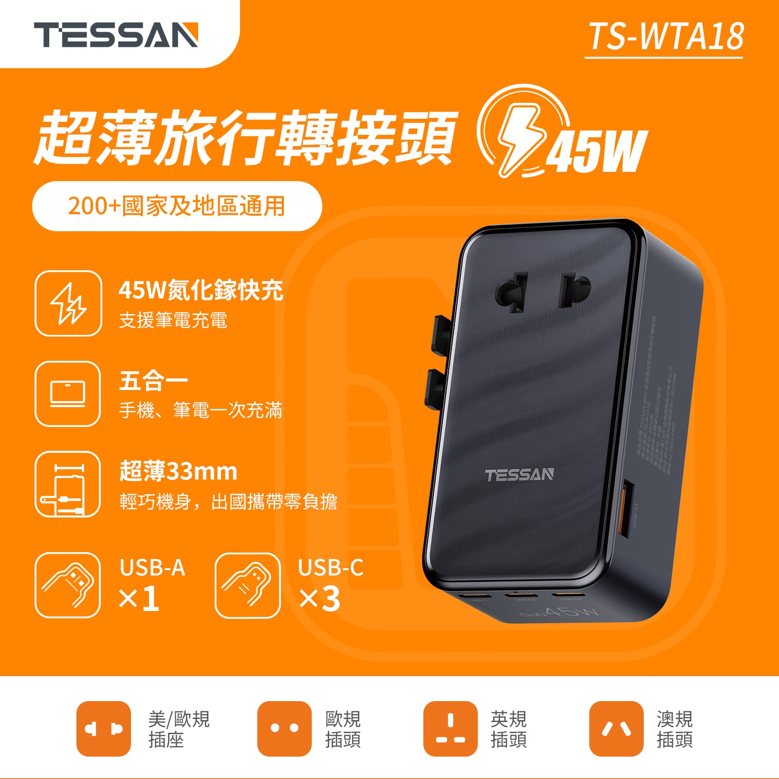 超薄 33mm|45W 萬國轉接頭丨200+國適用丨PD+PPS 快充
