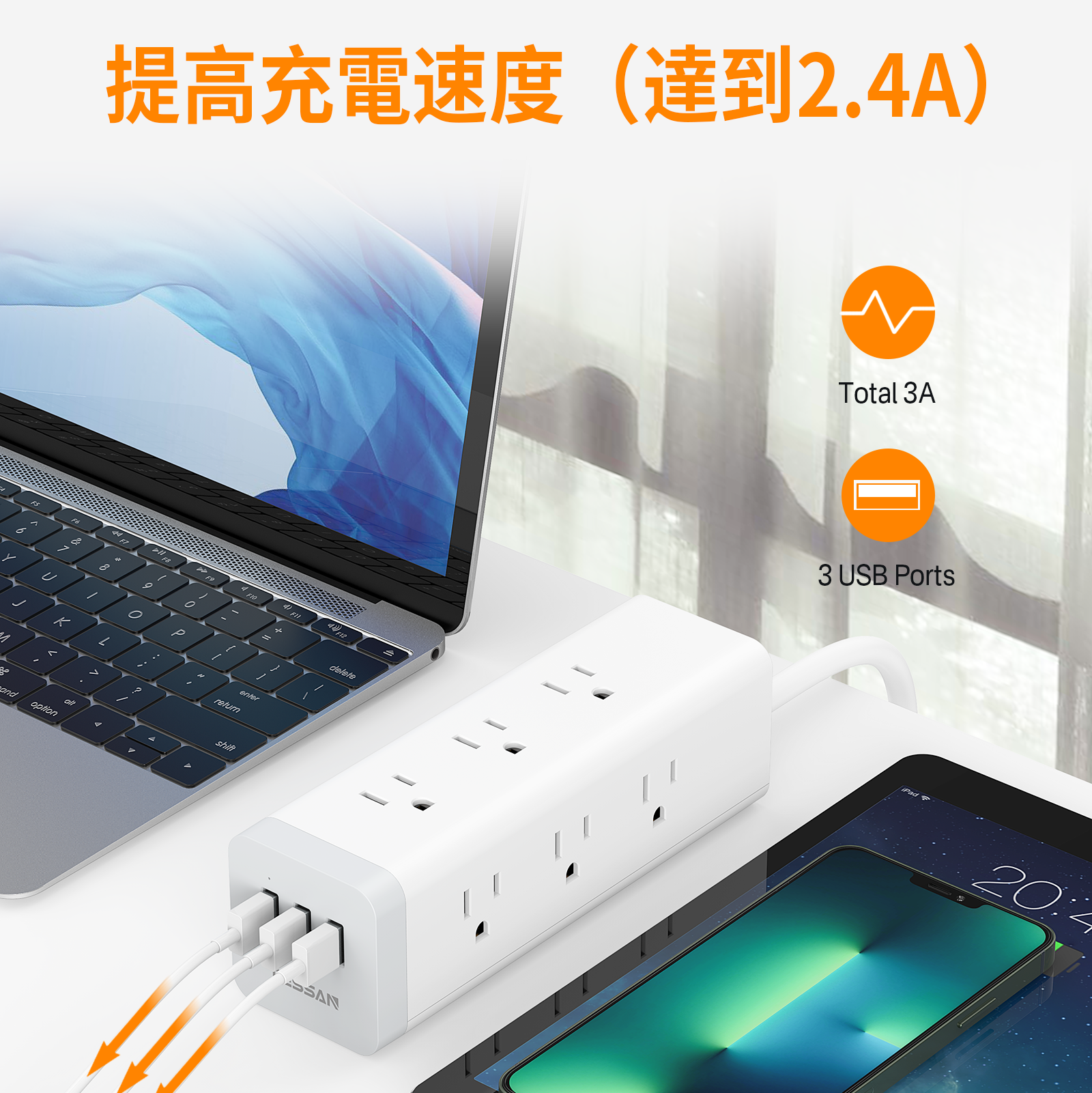 3P 1開9插USB 3A方塊延長線1.8m