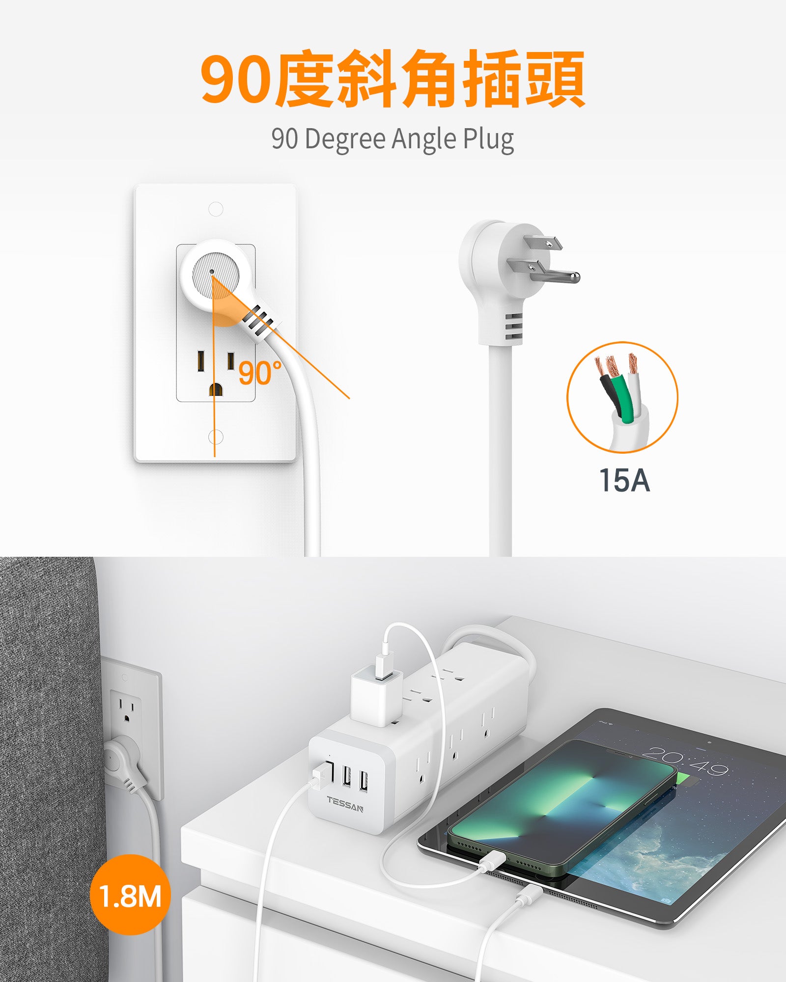 3P 1開9插USB 3A方塊延長線1.8m