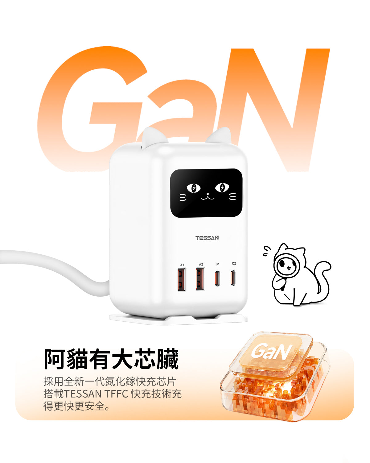 TESSAN 閃電貓65W充電器|超級閃充|臺灣安全認證