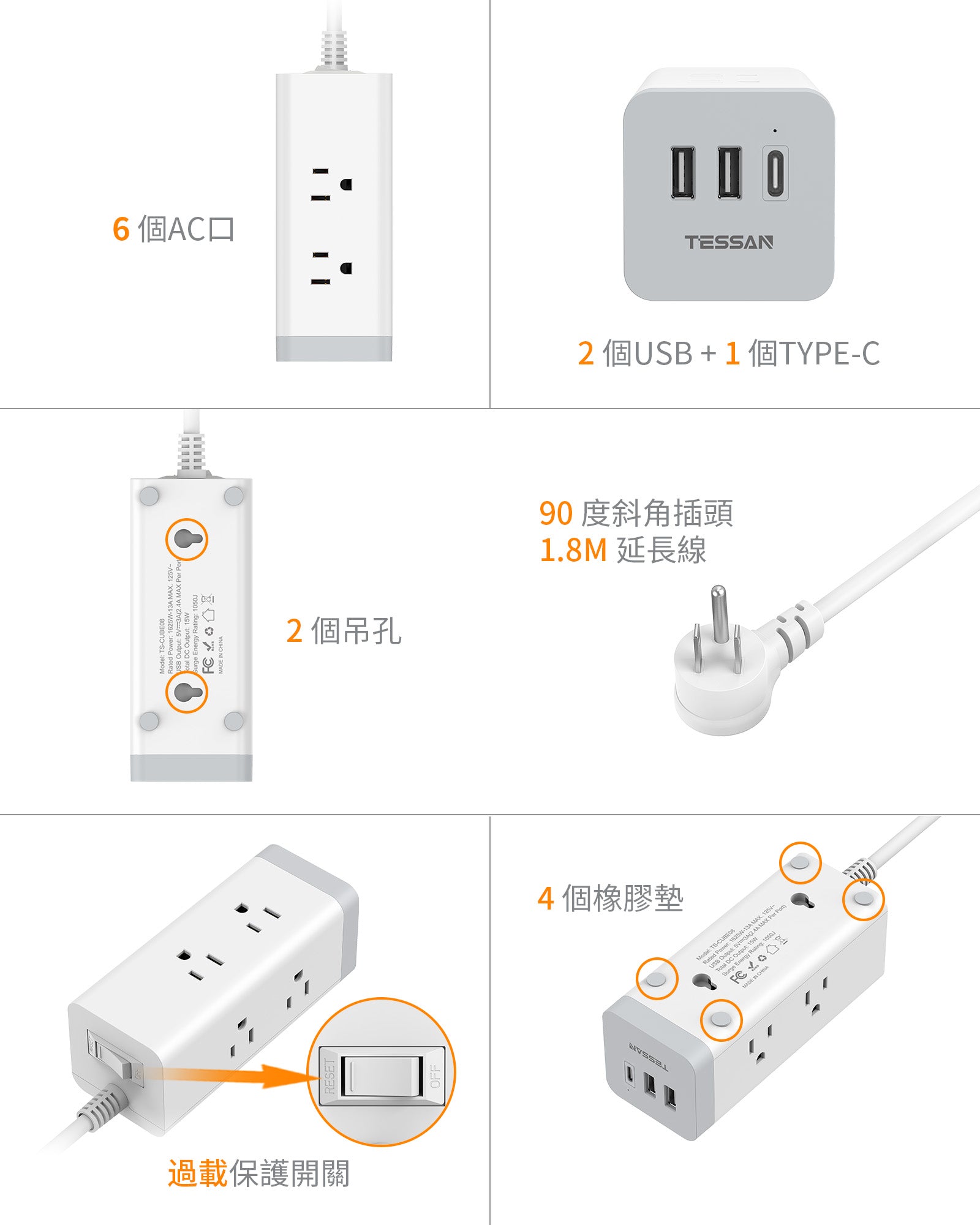TESSAN 3P 1開6插USB+PD20W 方塊延長線 1.8m