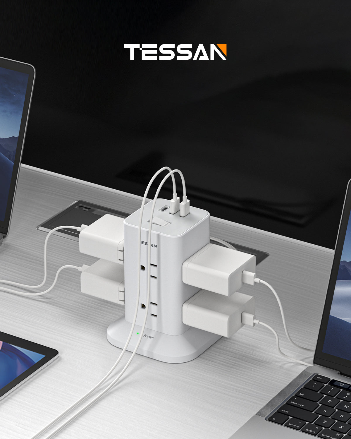 TESSAN【3P1開8插】塔式延長線|USB+PD20W快充|台灣安全認證
