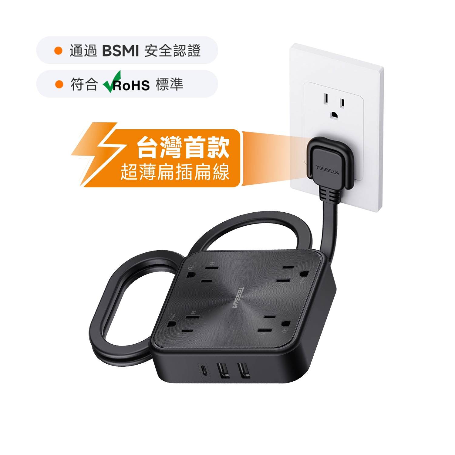 臺灣首發plug7扁線 | 3P 1開4插丨3USB(1Type-C)丨1.8m