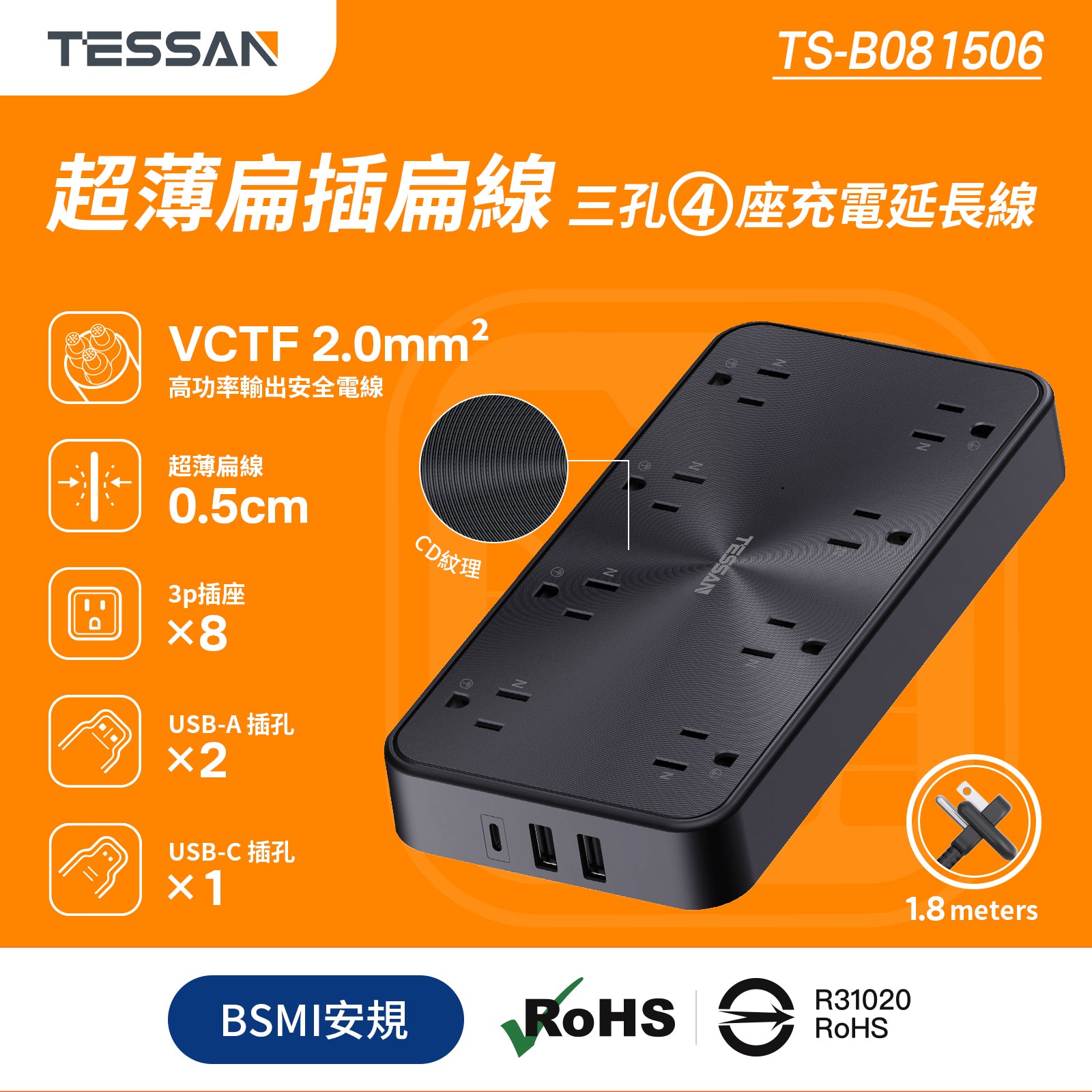 臺灣首發plug7扁線 | 3P 1開8插丨3USB(1Type-C)丨1.8m