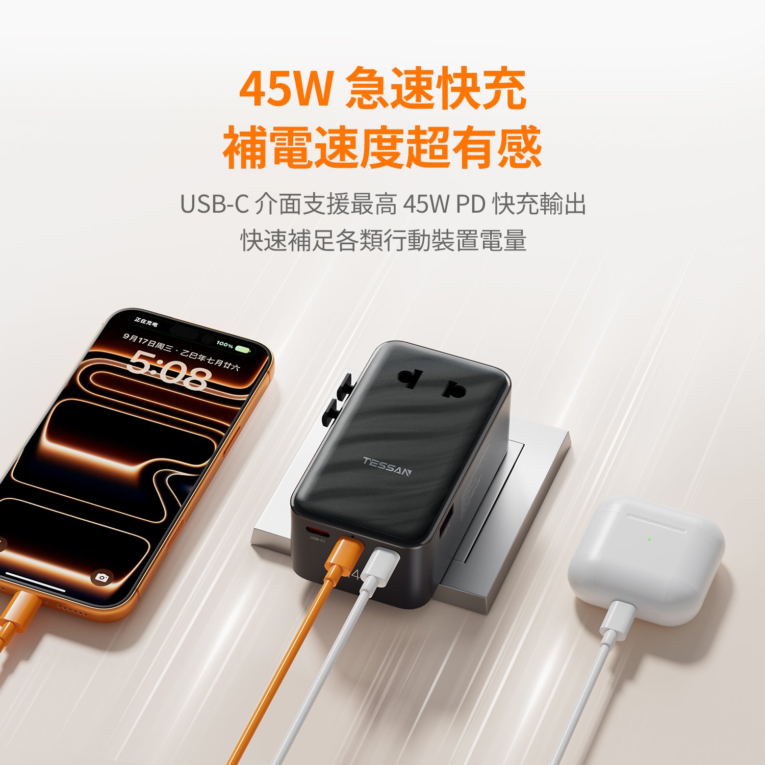 超薄 33mm｜45W 萬國轉接頭丨200+國適用丨PD+PPS 快充