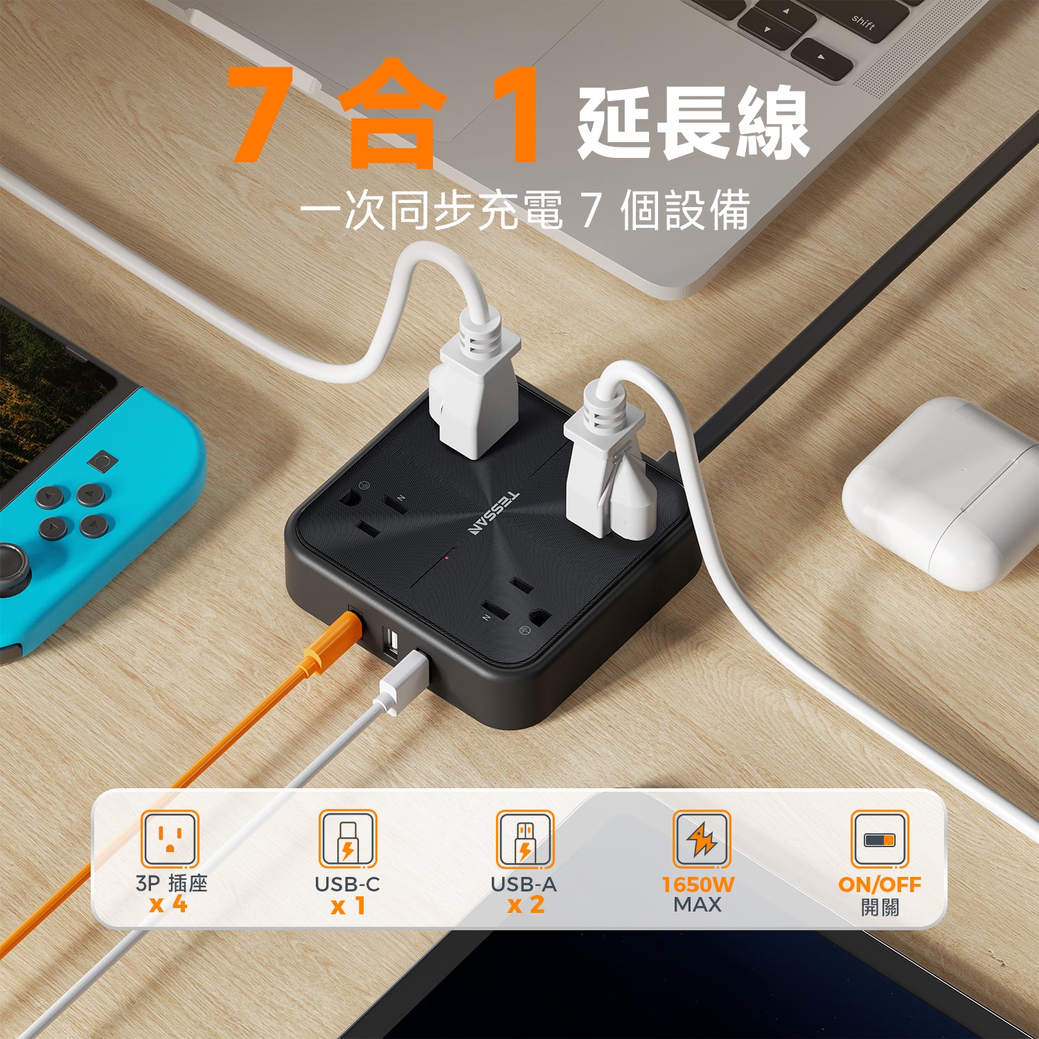 臺灣首發plug7扁線 | 3P 1開4插丨3USB(1Type-C)丨1.8m