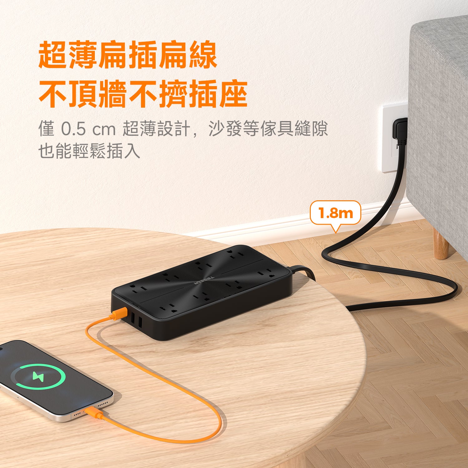 臺灣首發plug7扁線 | 3P 1開8插丨3USB(1Type-C)丨1.8m