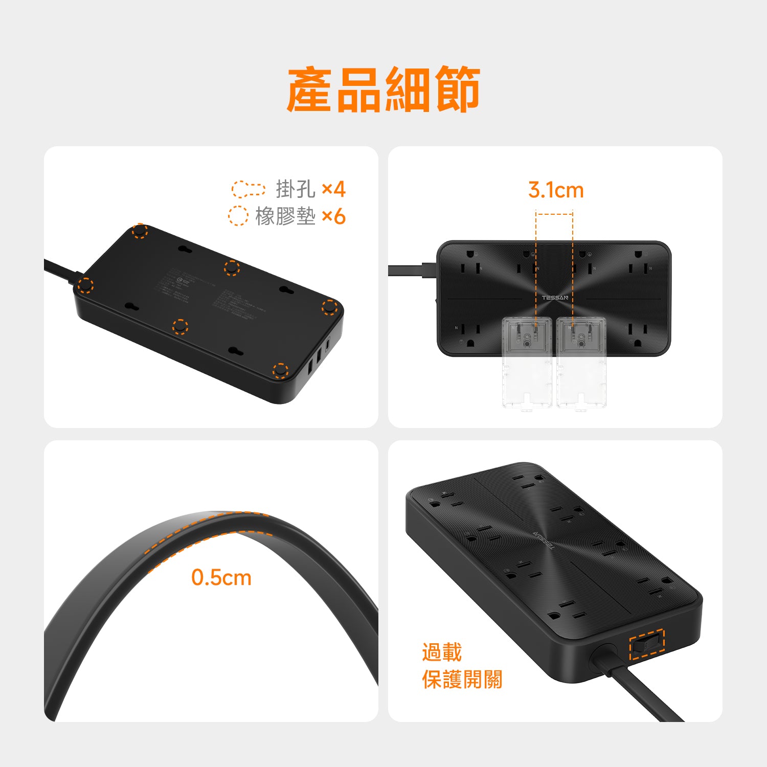 臺灣首發plug7扁線 | 3P 1開8插丨3USB(1Type-C)丨1.8m