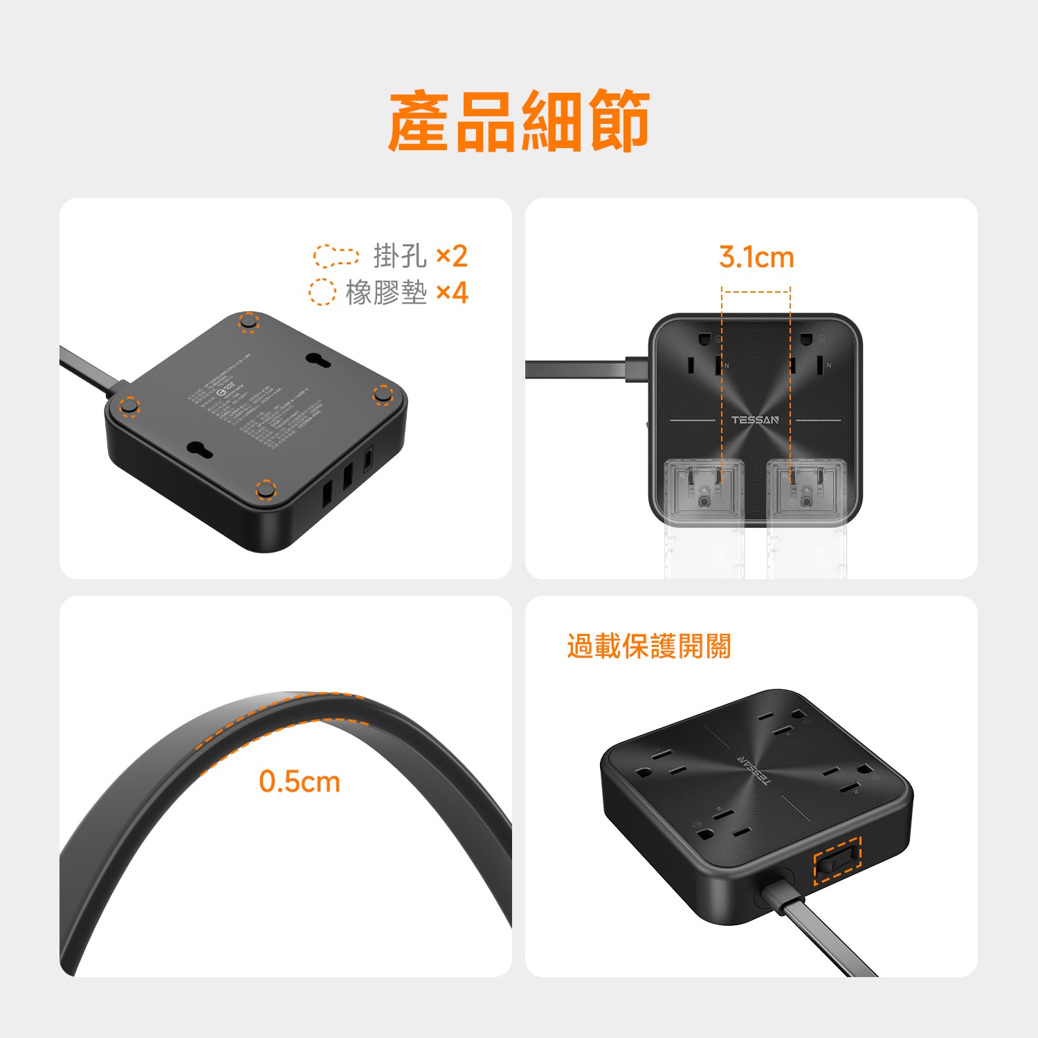 臺灣首發plug7扁線 | 3P 1開4插丨3USB(1Type-C)丨1.8m